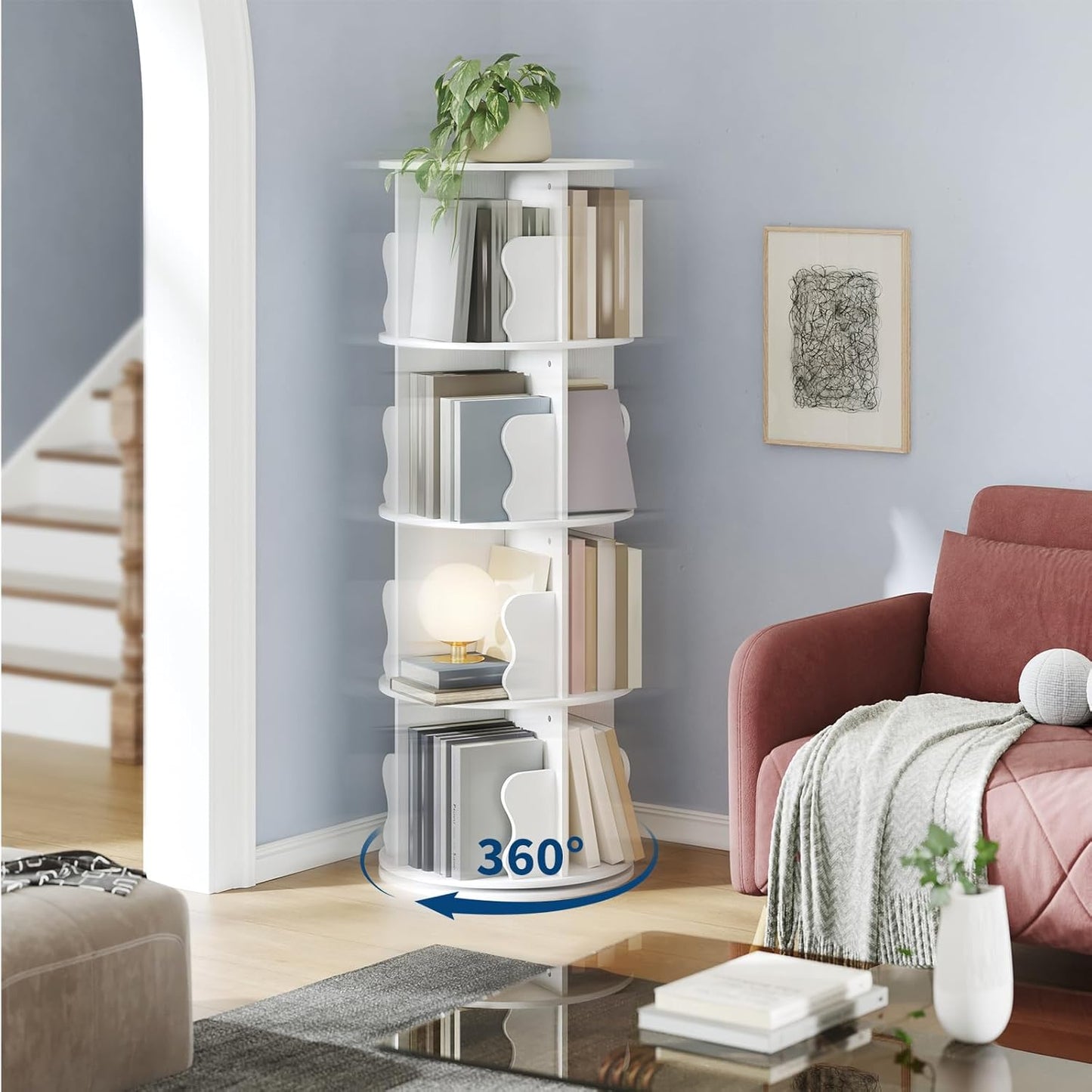 Rotating Bookshelf, 360 Display Spinning Bookshelf Tower, 4 Tier Floor Standing Bookcase Storage Rack, Revolving Bookcase Wood Narrow Book Shelf Organizer for Small Space, Bedroom, Living Room, White