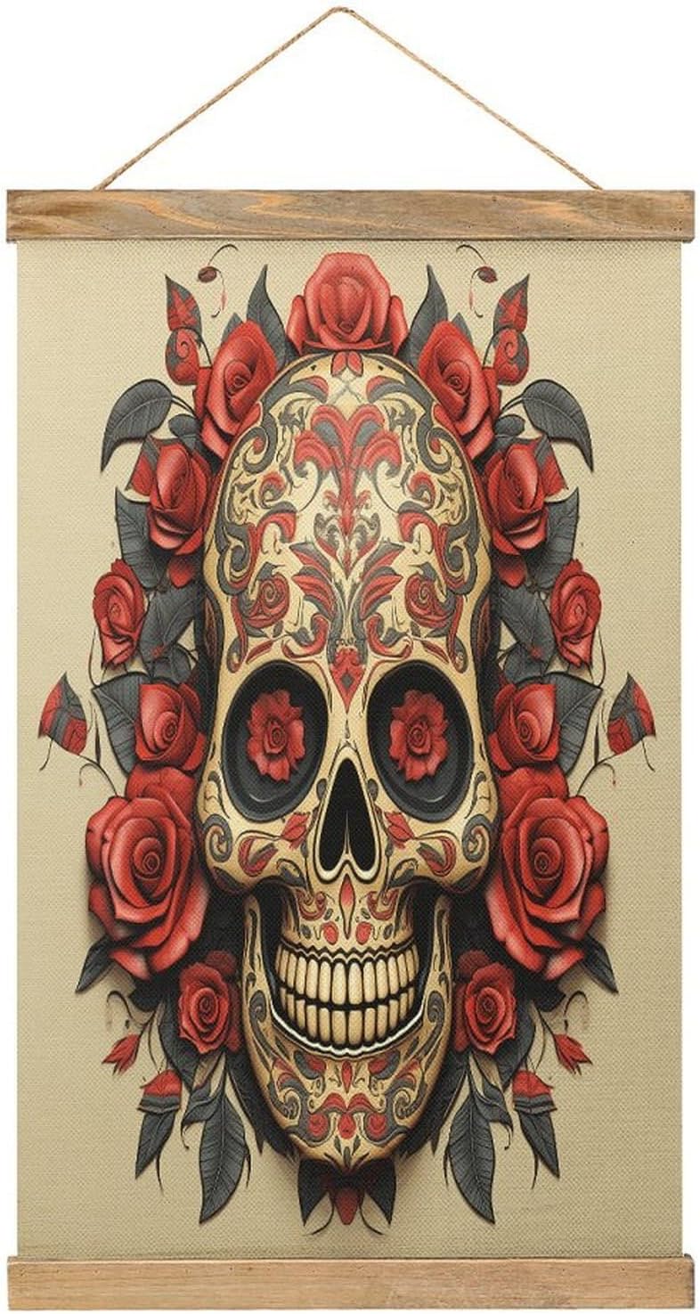 Vintage Red Rose Sugar Skull Poster with Wooden Frame Personalized Linen Hanging Scroll Painting Rustic Wall Hanging Illustrative Modern Artwork Decor for Home Living Room Bedroom Office