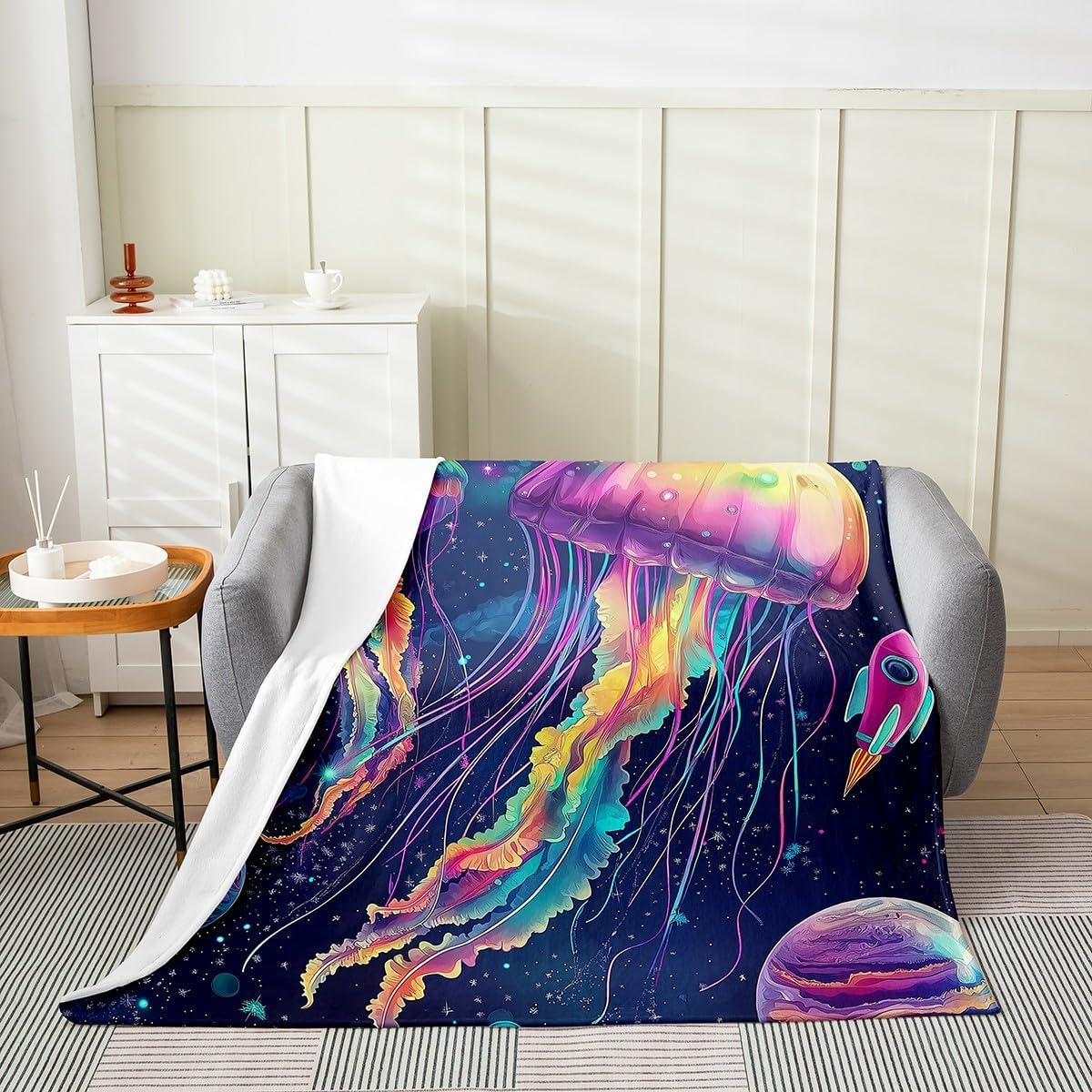 Erosebridal Jellyfish Throw Blanket Throw 50x60 Cute Cartoon Jellyfish Blanket Blue Galaxy Starry Sky Print Fleece Blanket for Boys Girls Kids Sea Animal Fuzzy Blanket Ocean Themed Bed Blanket