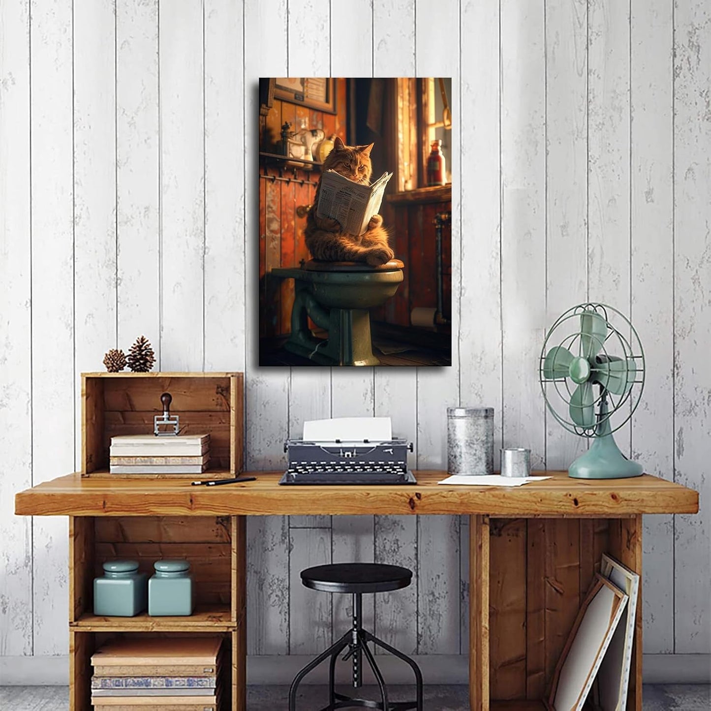 Animal Domineering Orange Cat Sitting in The Toilet Reading A Newspaper Print Poster Picture HD Print Poster Retro Painted Modern Home Bedroom Room Aesthetic Decoration Canvas Art (08x12inch Framed)