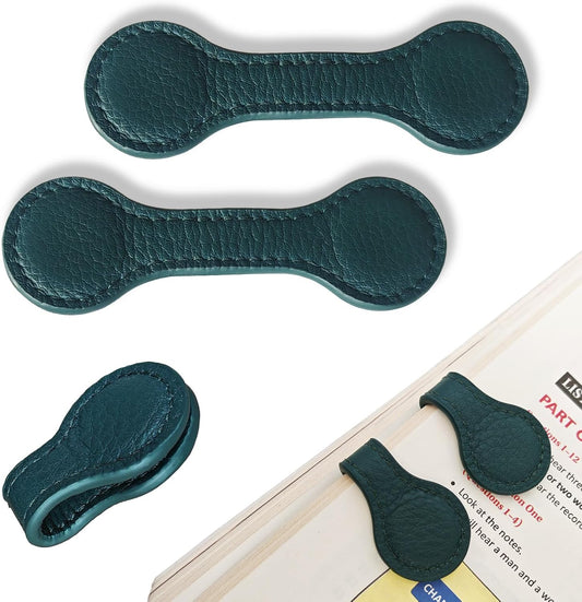 2 Pcs Leather Magnetic Bookmarks, Genuine Leather Strong Magnet Book Clips for Reading, Page Markers for Women Men Book Lovers Readers, Page Holder for Keeping Books Open (Green)