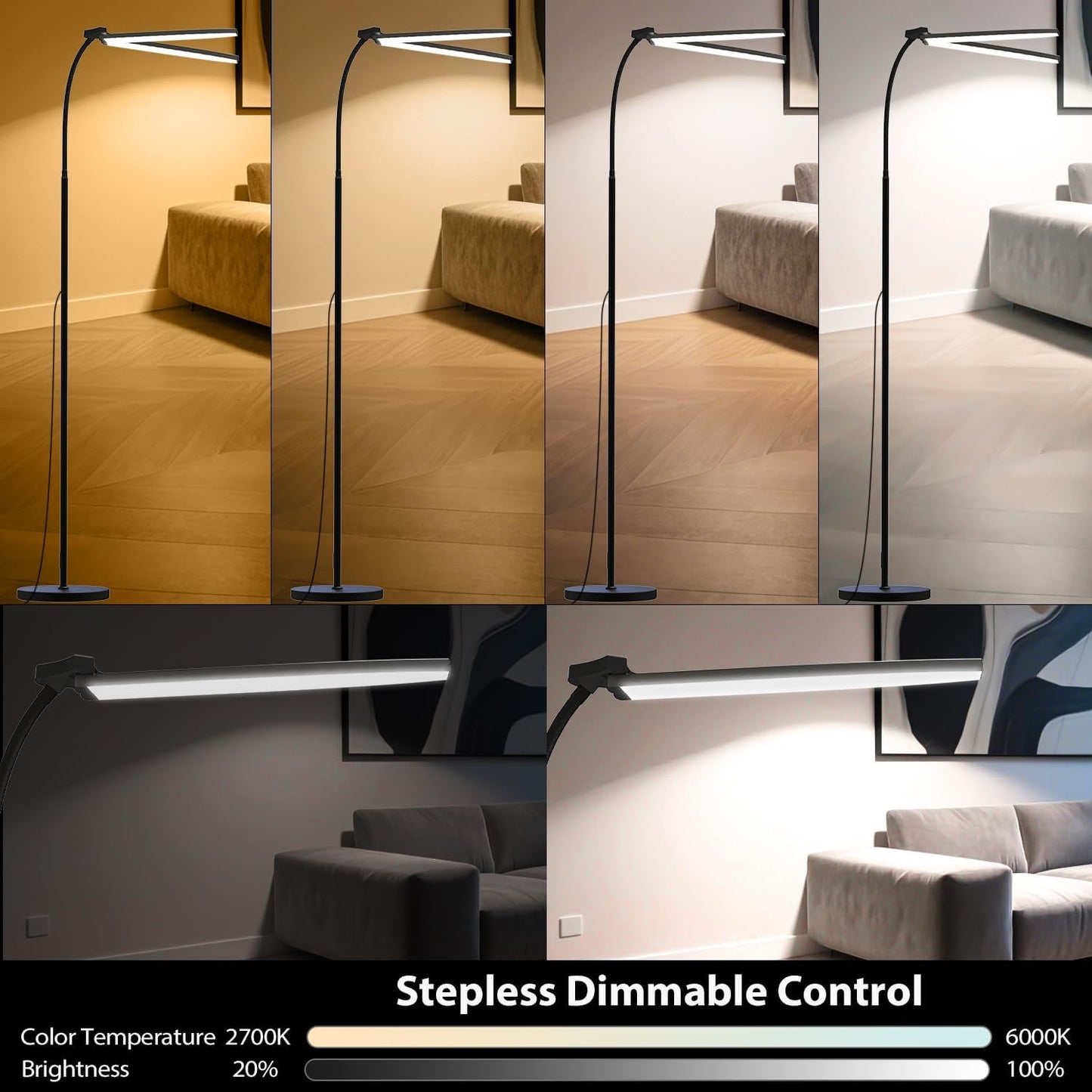 24W/2400LM Dual Head LED Floor Lamp for Office, Ultra Bright Reading Standing Task Lamp, Adjustable Panels with Remote, No Glare Puzzle Light for Tattoo, Piano, Sewing, Lash, Craft