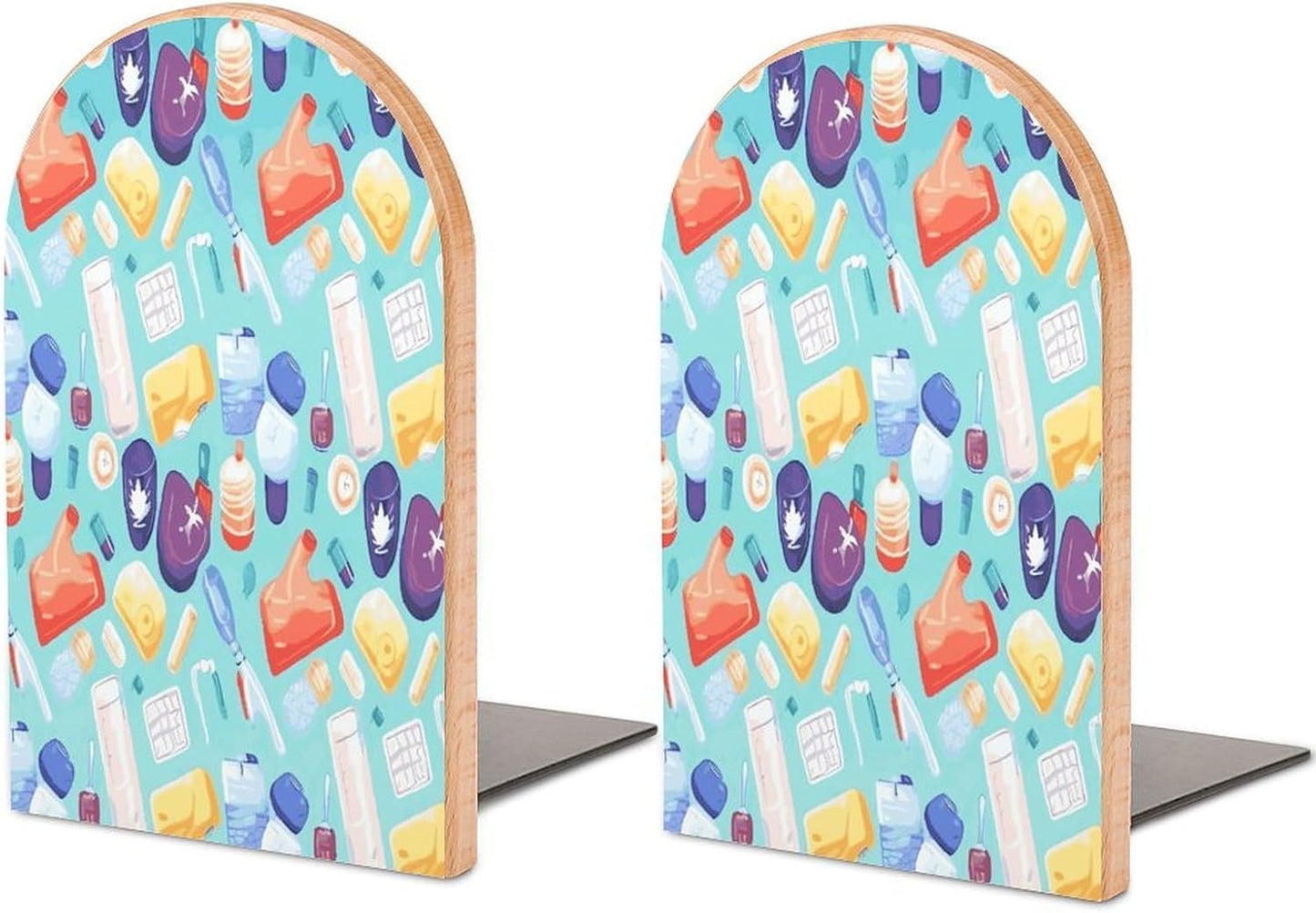 Gradient Medical Items Pattern Bookends 1 Pair Heavy Duty Book Ends for Shelves Non-Skid Bookend Supports Wooden Book Holders with Metal Base Desk Organizers Books Storage to Hold Books