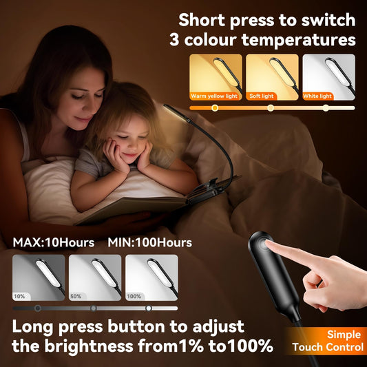 Rechargeable 20 LED Book Light for Reading in Bed, Eye Caring 3 Color Temperatures, Adjustable Brightness, Durable & Lightweight ABS Design, Clip On Reading Lamp for Study/Travel,Gifts for Adults