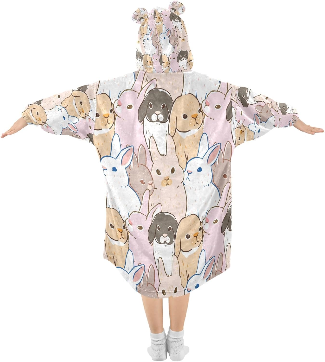 YETTASBIN Pink Bunny Wearable Blanket Hoodie for Kids, Oversized Soft Cozy Flannel Sweatshirt Blanket with Pocket