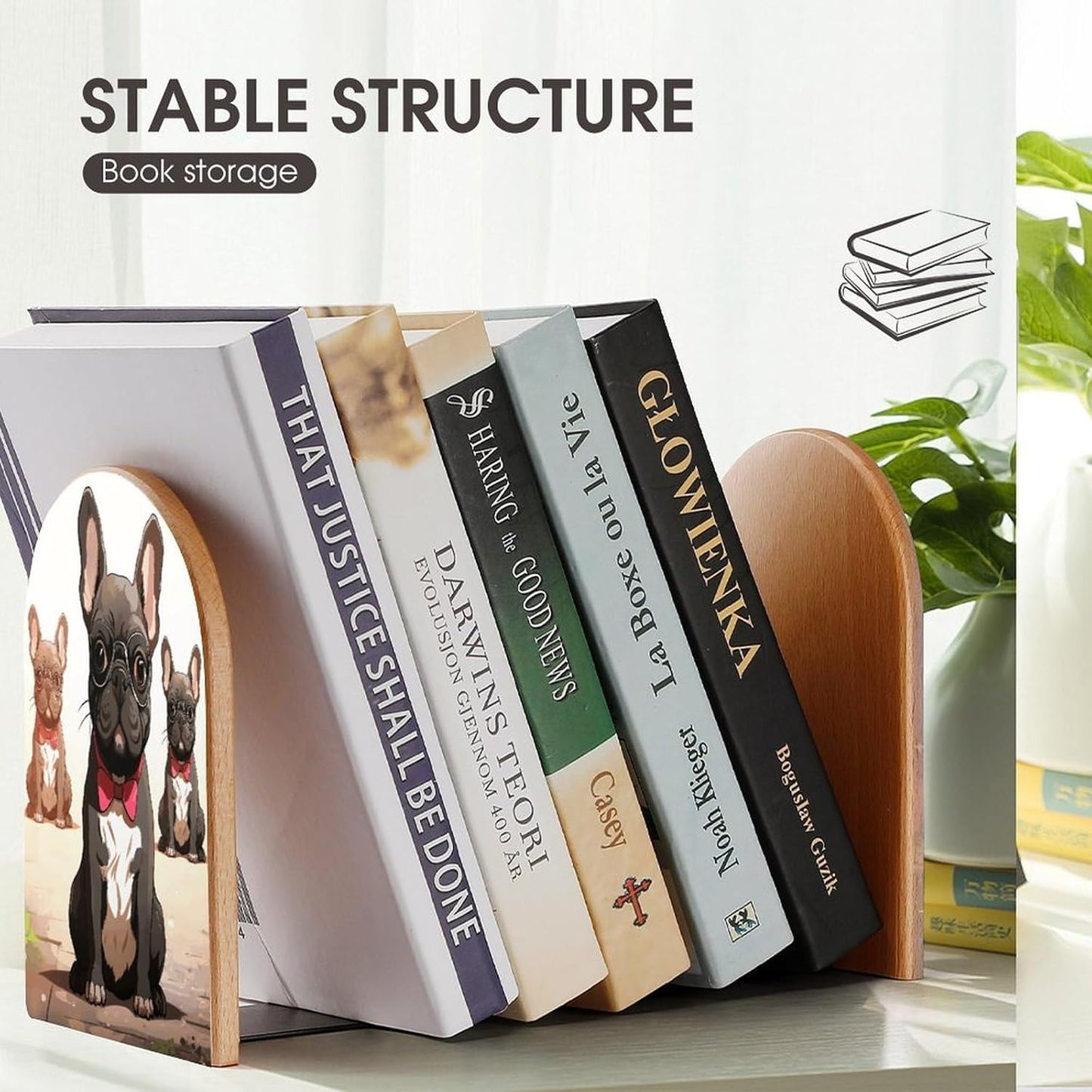 Cartoon Dog French Bulldog Bookend for Shelves Wooden Book End Large Size Sturdy Book Holders Stoppers with Metal Base for Bookshelves Slick Decorative Bookends Stands