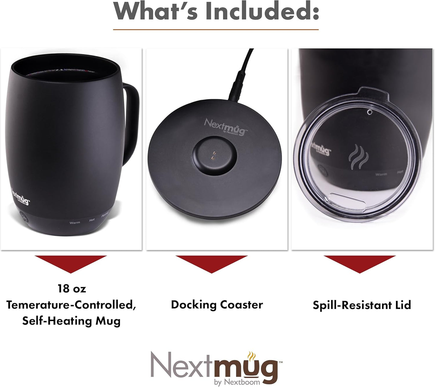 Nextmug Plus (Black - 18 oz.) Temperature-Controlled, Self-Heating Mug – No App, Long-Lasting Battery for Work & Study, Great Gift for Coffee Lovers