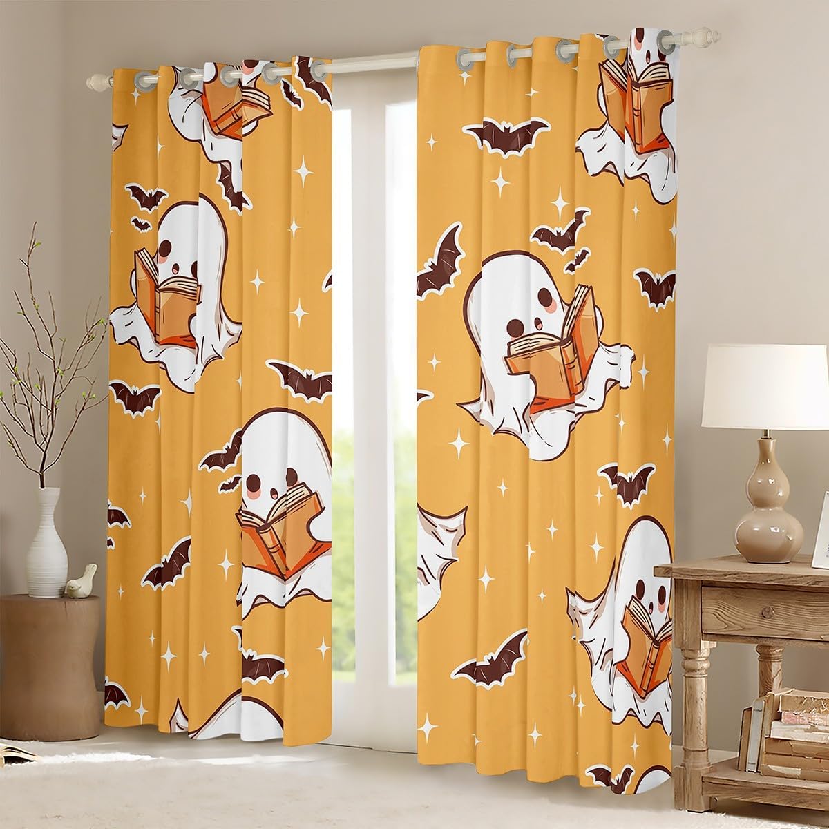 jejeloiu Halloween Cute Ghost Window Curtains for Bedroom Living Room Kawaii Ghost Reading Book Print Curtains Ghost Bats Window Treatments Halloween 30%-50% Blackout Curtains, 52W X 84L,2 Panels