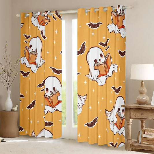 jejeloiu Halloween Cute Ghost Window Curtains for Bedroom Living Room Kawaii Ghost Reading Book Print Curtains Ghost Bats Window Treatments Halloween 30%-50% Blackout Curtains, 52W X 84L,2 Panels