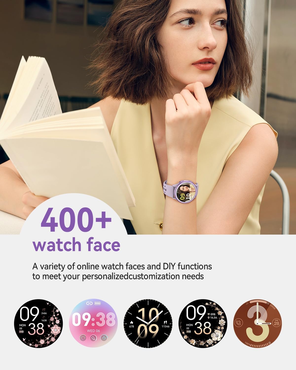 Smart Watches for Women(Answer/Make Calls), 1.27'' AMOLED Screen Activity Trackers with Heart Rate/Sleep/SpO2 Monitor, Smartwatch for iPhone/Samsung/Android,120+ Sport IP68 Fitness Watch 2Bands Purple