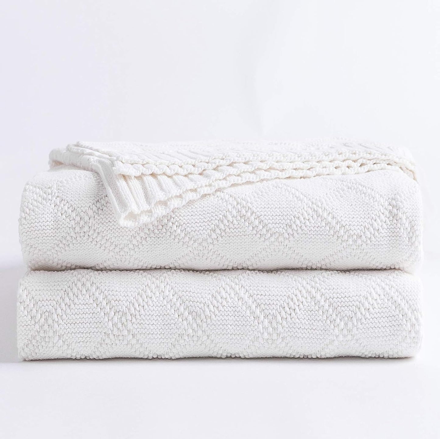 Longhui bedding 100% Cotton Pure White Cable Knit Throw Blanket for Couch with Bonus Laundering Bag – Large 50 x 60 Inch Thick, Extra Cozy, Machine Washable, Comfortable Home Decor