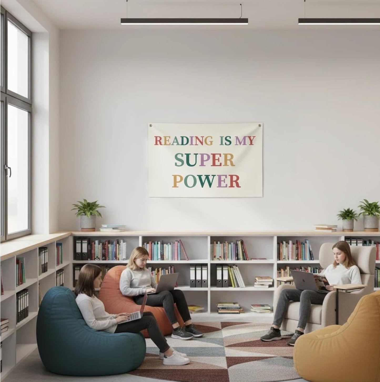 Canvas Wall Hanging Banner Decor (30"L x 20"W), "READING IS MY SUPER POWER" Inspirational Quote Fabric Sign, Boho Minimalist Wall Art with Metal Grommets for Library, Classroom & Reading Nook