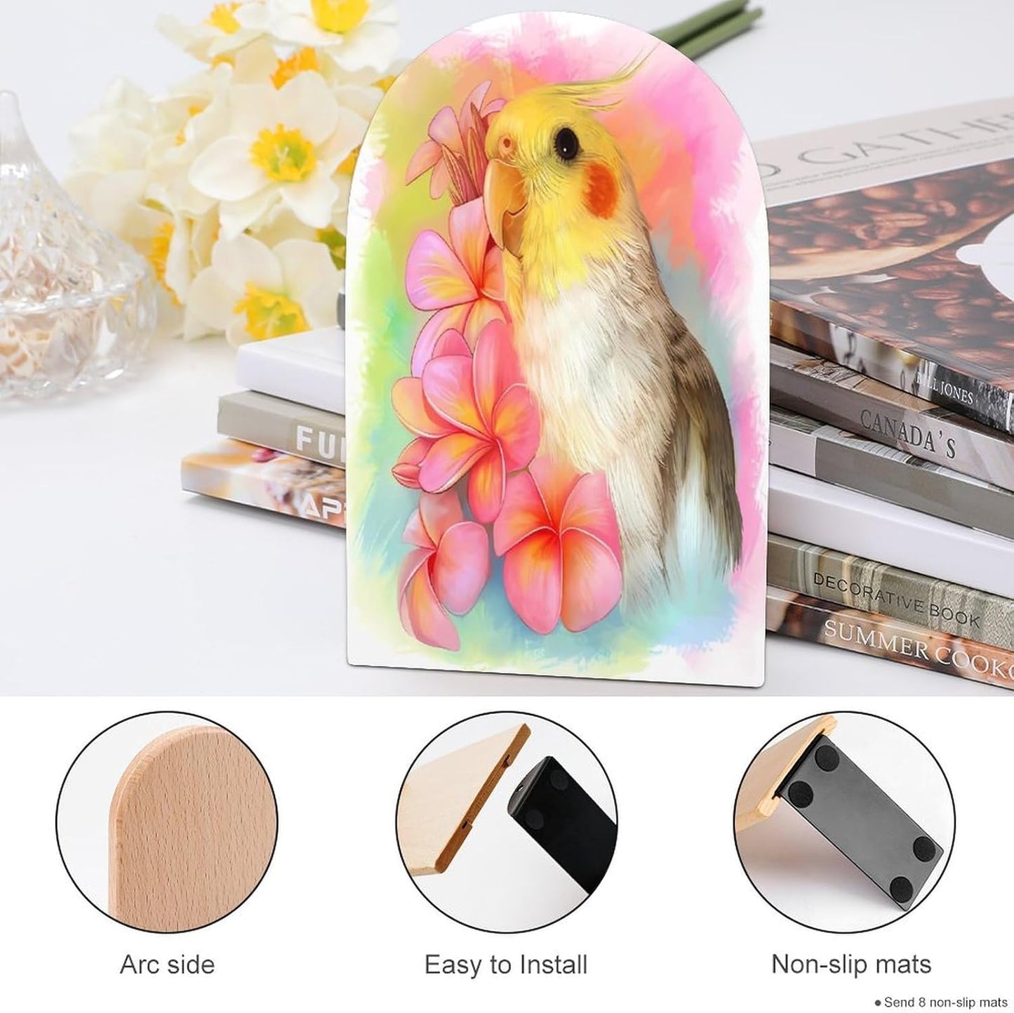 Cute Cockatiel Wooden Bookend Non-Slip Book Ends Heavy Duty Book Stopper with Metal Base Books Holderd Decorative Bookends Stands Firmly for Office Supplies