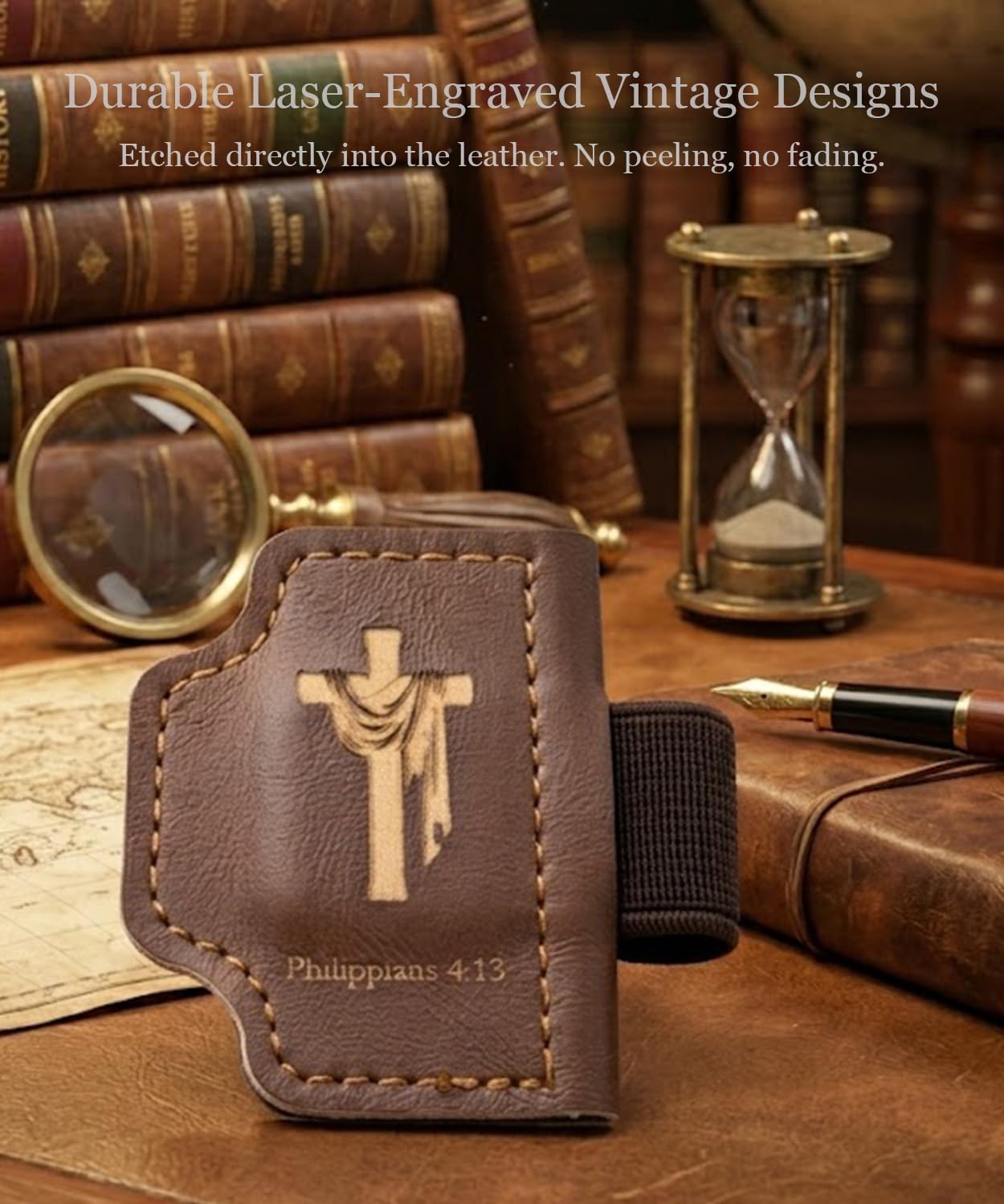 3-Pack Magnetic Leather Bookmarks with Integrated Pen Holder - Thin Page Markers for Bible Study, Laser Engraved Religious Christian Gifts for Women & Men, Page-Safe Magnets (Bible Verses)