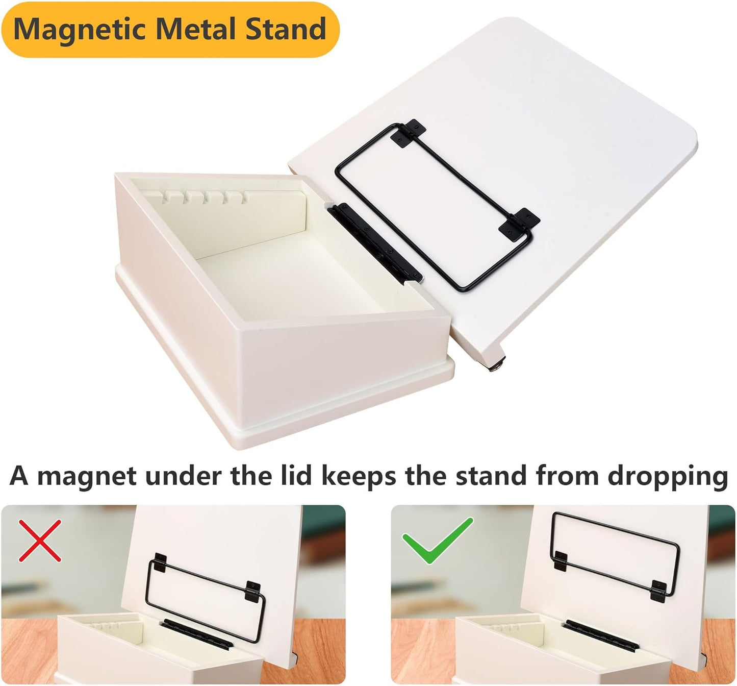 Large Wooden Book Stand with Carousel Base –Adjustable Book Holder with Storage Box and Magnetic Stand – 360° Rotate Wooden Book Organizer for Cookbook, Reading Book, Magazine, Laptop (White)