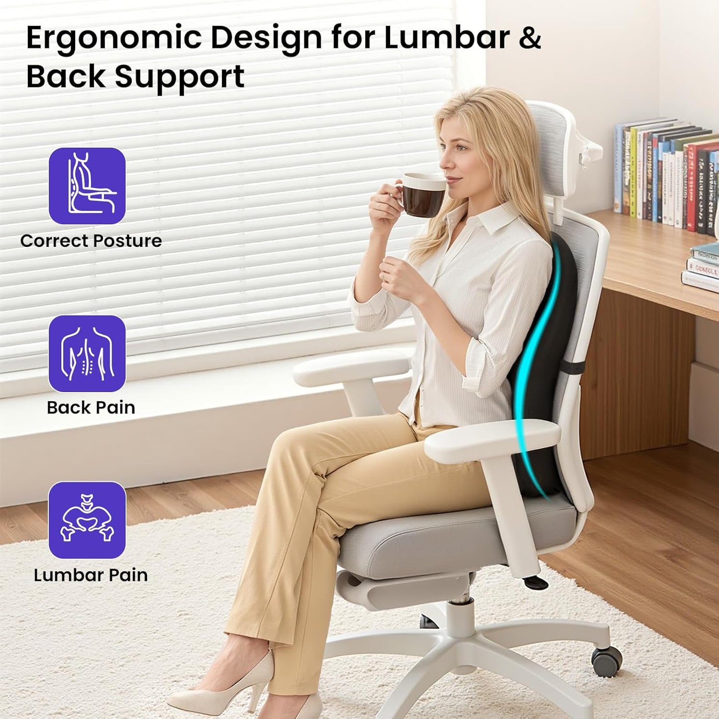 Lumbar Support Pillow for Office Chair - Memory Foam Office Chair Back Support - Ergonomic Lumbar & Back Support Pillow with Strap, Machine Washable Cover (Black)
