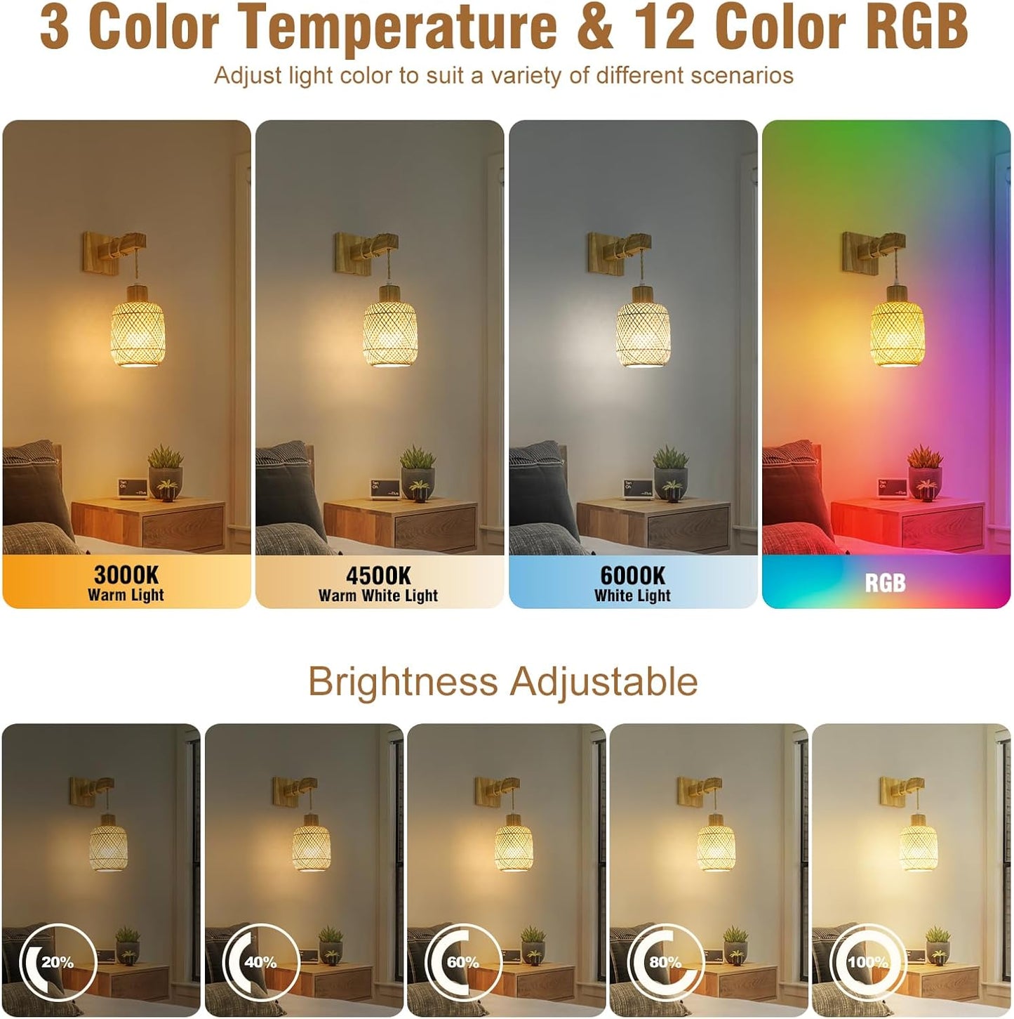 Battery Operated Wall Sconces Set of Two, Bamboo Lantern Rechargeable Wall Sconce with Remote, 15 Colors Dimmable Boho Wireless Wall Lights for Bedroom, Living Room, Wall Decor