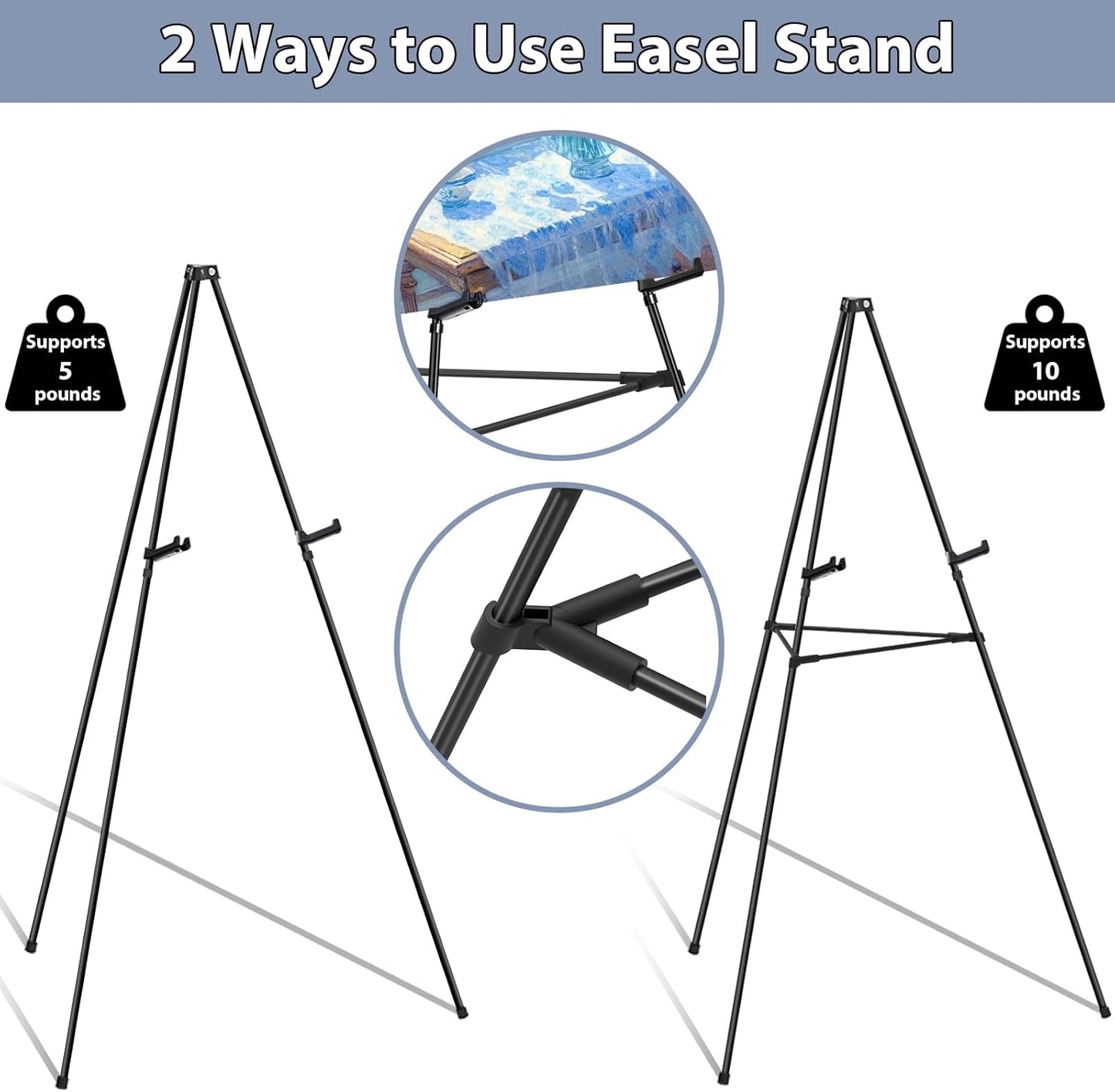 Easel Stand for Sign Picture Stands for Display, Photo Stand Floor Standing Tripod Black Easel with Support Rods, Welcome Board Stand for Wedding, Poster