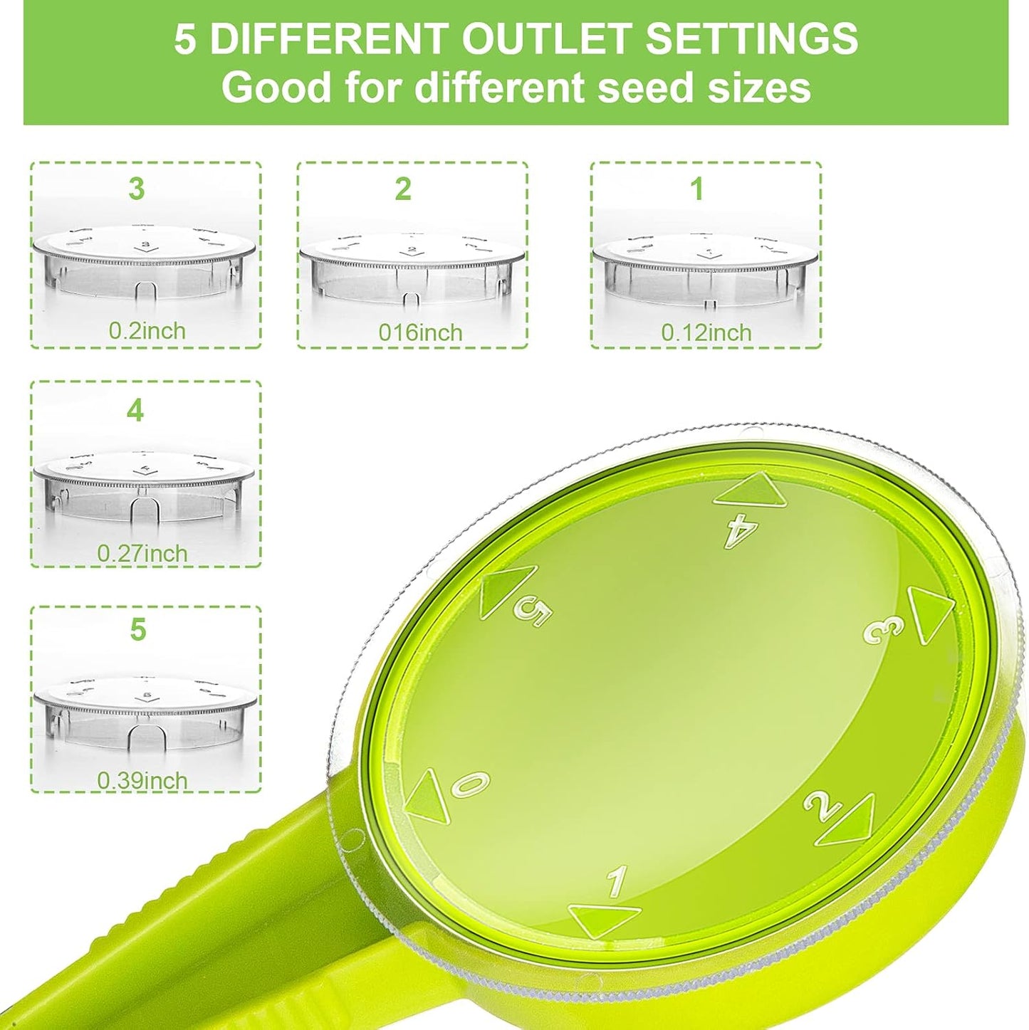 Sowing Seed Dispenser Hand Tool, 6 Pack Handheld Garden Seeder Sower Planter with 5 Dial Settings, Ideal for Small Seeds of Flowers, Vegetables, Outdoor/Indoor（ Light Green）