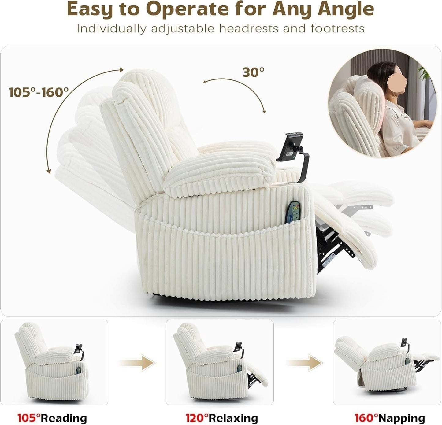 Power Oversized Swivel Rocker Recliner Chair with Dual Motor Adjustable Headrest Glider Rocking Chairs with Vibration and Heat for Home Furniture