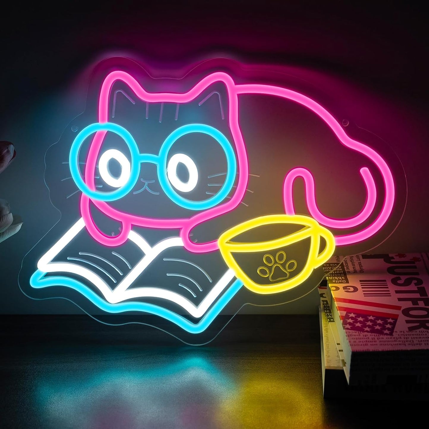 Cat Reading Book Neon Sign, Adorable Cat Neon Light for Bookstore Library Classroom Bedroom Wall Decor, USB Dimmable LED Sign Party Birthday Gift for Girls Students Book Lovers