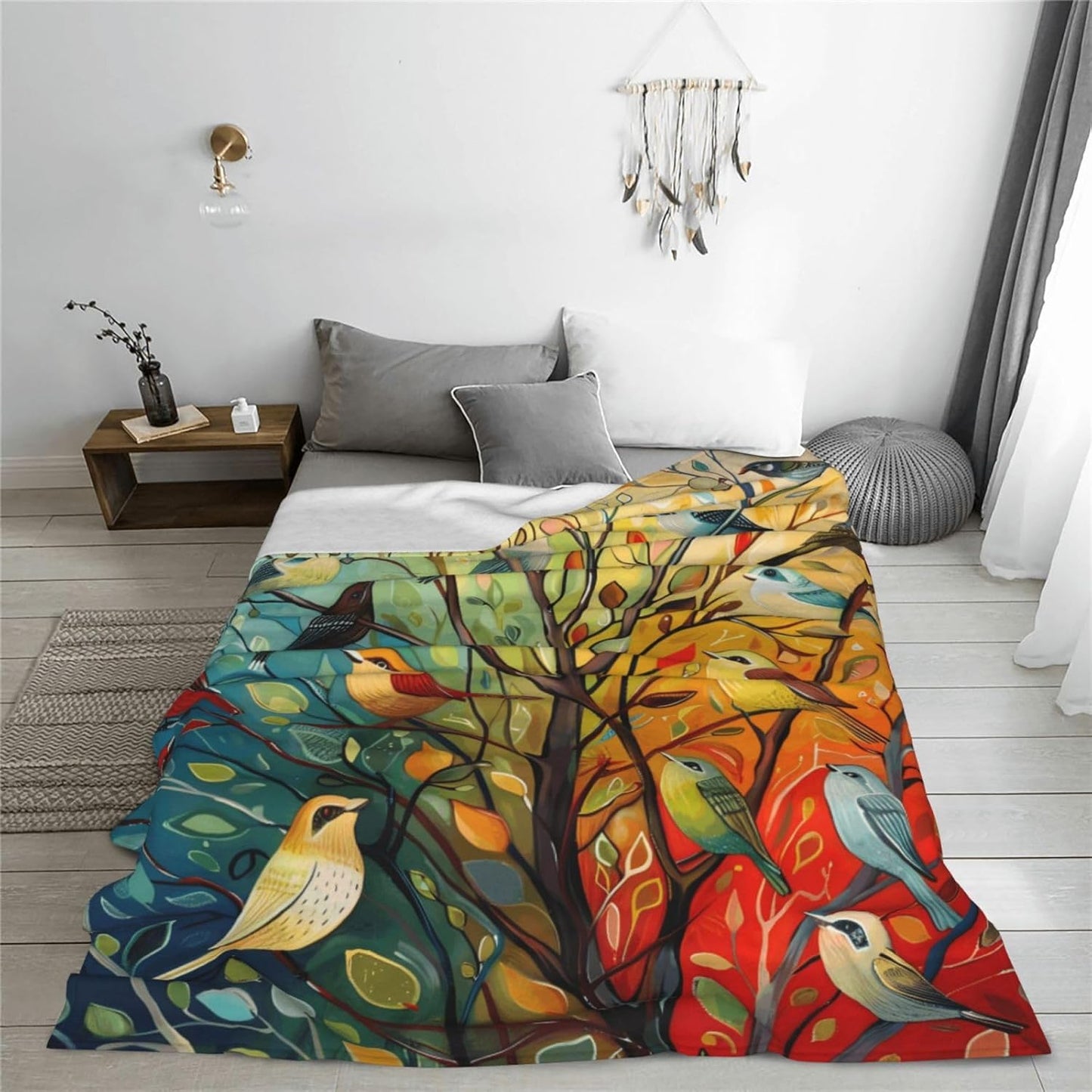 Colorful Bird Tree Blanket Bird Tree Decor Animal Throw Blanket Gifts for Girls Boys Super Warm Soft Plush Lightweight Fleece Flannel Winter Bedding Blankets for Kids Adult Women Men 50"X40"