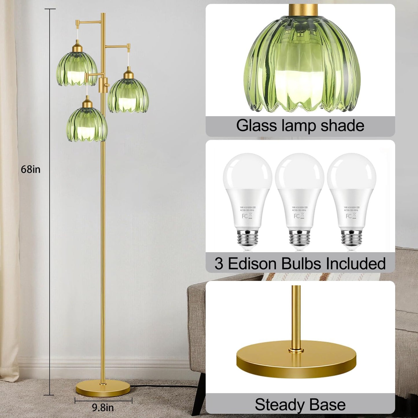 Dimmable Floor Lamps for Living Room-3 Light Gold Floor Lamp with Three Bulbs & Glass Lampshape, Mid Century Modern Standing Lamp Tree Tall Flower Floor Lamp for Bedroom Living Room,Corner