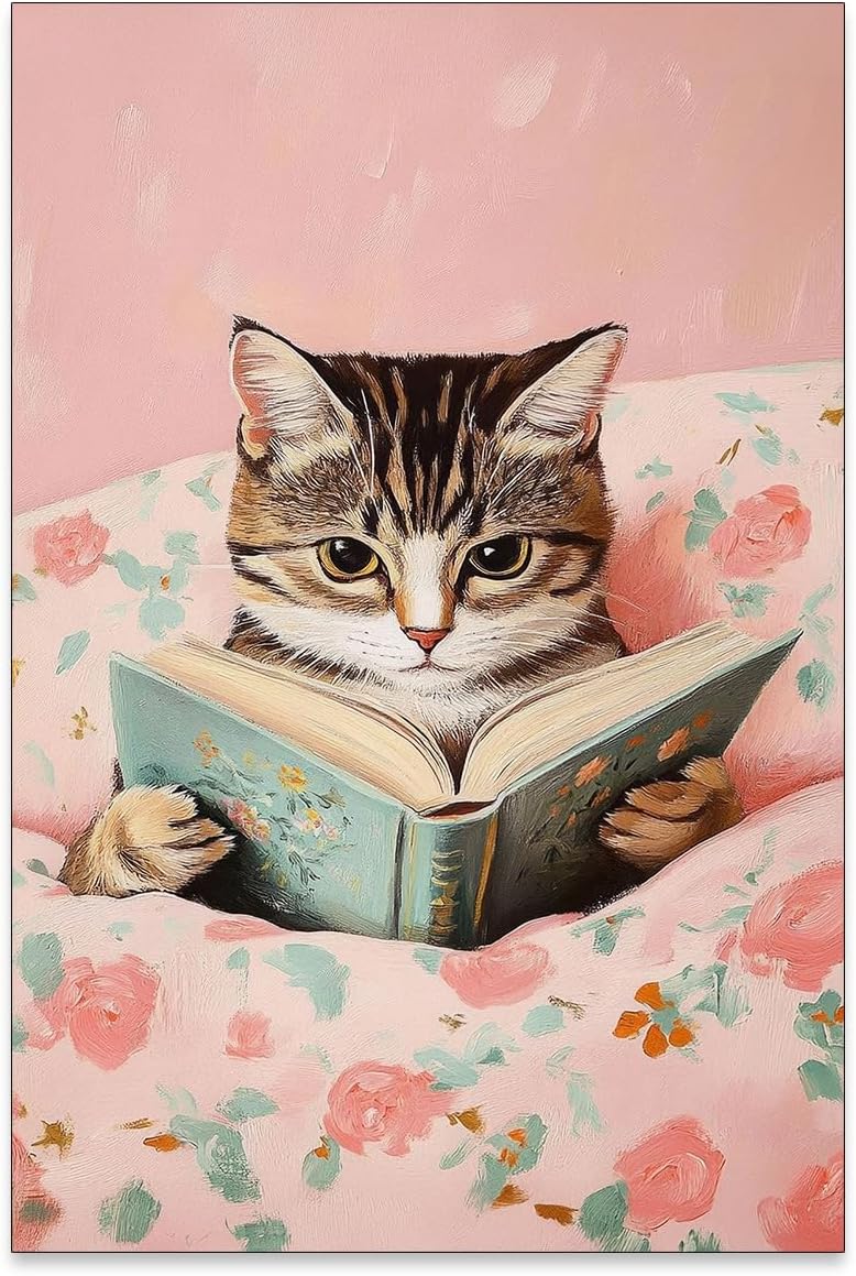 Funny Tabby Cat Reading Books Canvas Wall Art Pink Girly Room Posters Cute Animal Kids Prints Vintage Cat Lovers Wall Decor For Teen Bedroom Dorm Living Study Room 12x16in Unframed