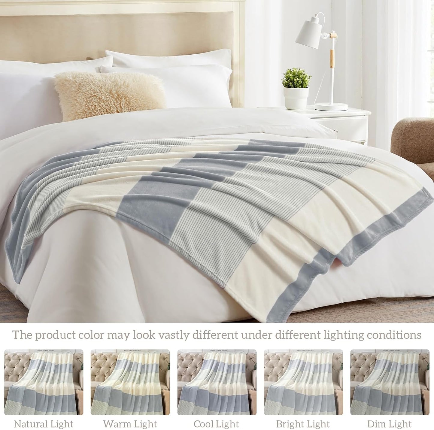 Homelike Moment Fleece Bed Blankets Queen Size Grey, Soft Fluffy Queen Blanket, Fuzzy Cozy Plush Flannel Big Blanket for Couch Sofa, Comfy Warm Lightweight Large Blanket Striped (Light Gray, 90x90IN)