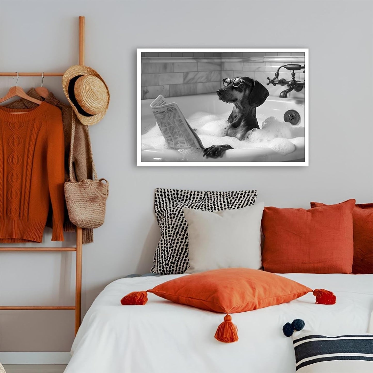 Funny Dachshund In Bathtub Wall Art Dog Reading Newspaper In Bubble Bath Poster Trendy Black And White Hilarious Animals Canvas Posters For Bedroom Dorm Hotel Aesthetic Decor 12x16in Unframed