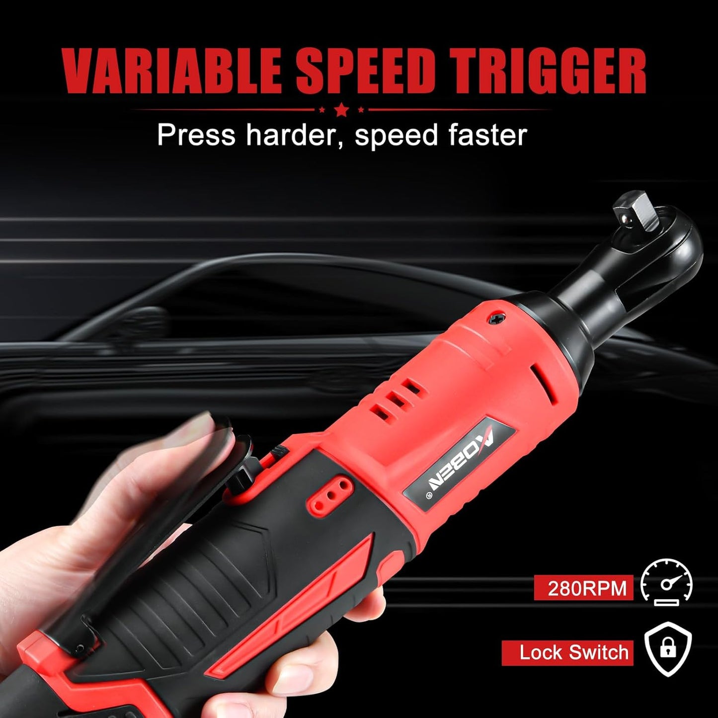 AOBEN Cordless Ratchet Wrench Kit,3/8" ratchet,40 Ft-lbs Electric Power Ratchet Set with Variable Speed Trigger,2 Packs 2000mAh Lithium-Ion Battery And Charger,83 Sockets