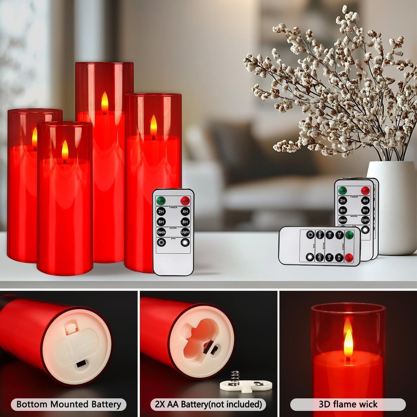 24-Pack Red Flameless LED Candles - Remote Control & Timer, Realistic Flickering for Chinese New Year Decor, Valentine's Day, Romantic Home Ambiance, Fireplace Mantel & Festive Centerpieces