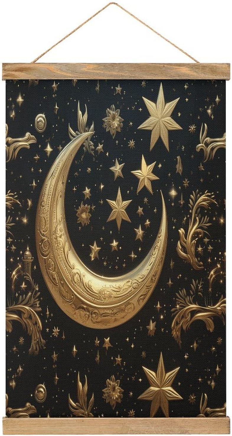 Vintage Golden Stars And Moon Poster with Wooden Frame Personalized Linen Hanging Scroll Painting Rustic Wall Hanging Illustrative Modern Artwork Decor for Home Living Room Bedroom Office