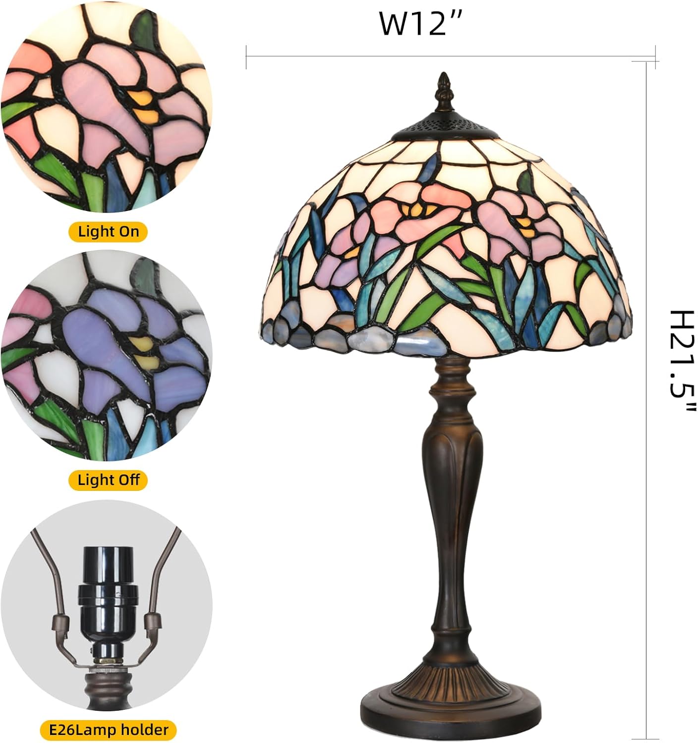 TL0004 Tiffany Table Lamp Stained Glass Bedside Lamp Daffodfil Flowers Design Reading Desk Light 12X21.5 Inches for Bedroom Living Room Home Office, lED Bulb Included