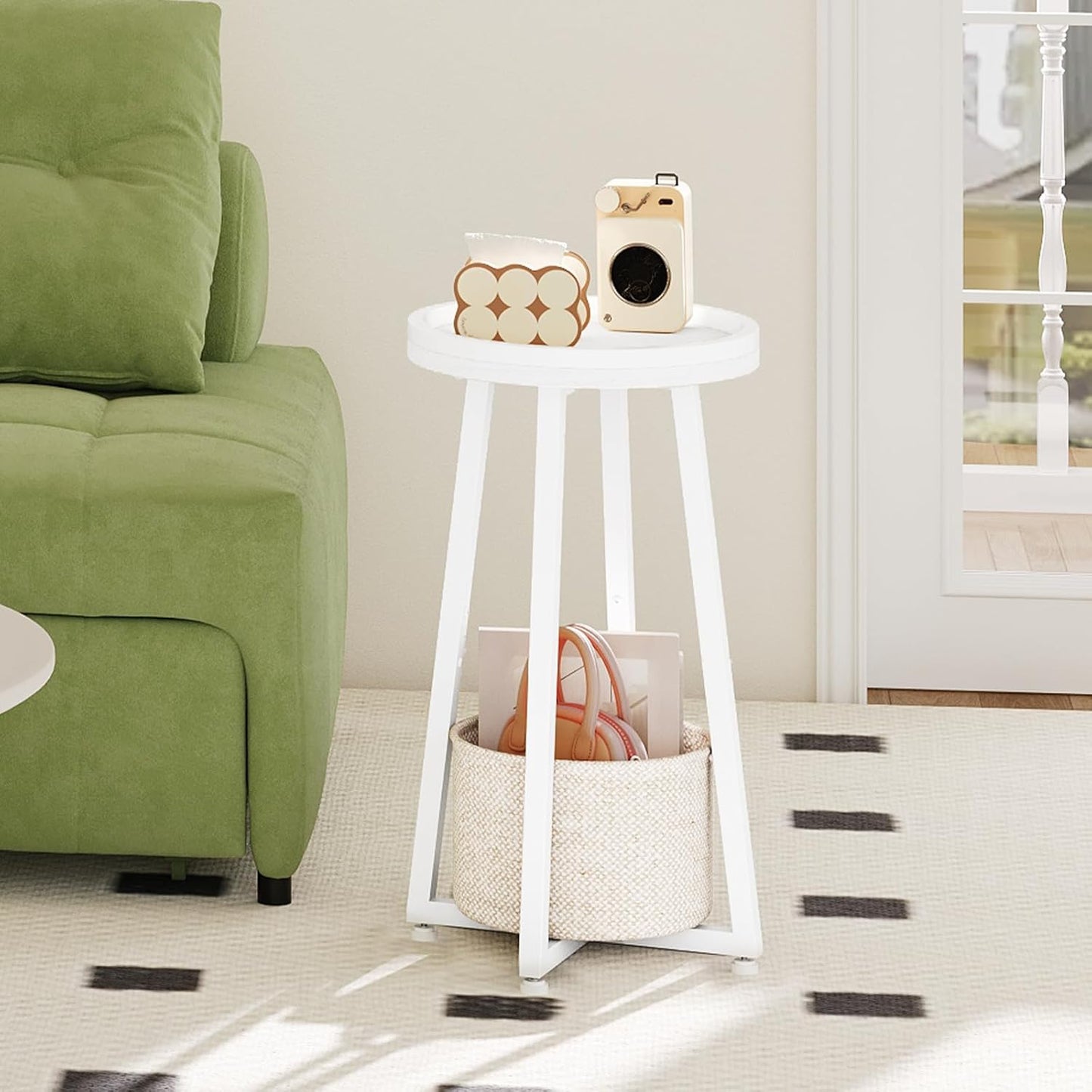 HOOBRO Small Round Side Table, 2-Tier Round Sofa End Table, Compact Nightstand with Cotton Linen Storage Basket, for Small Space, Living Room, Bedroom, Dorm, White WW183BZ01