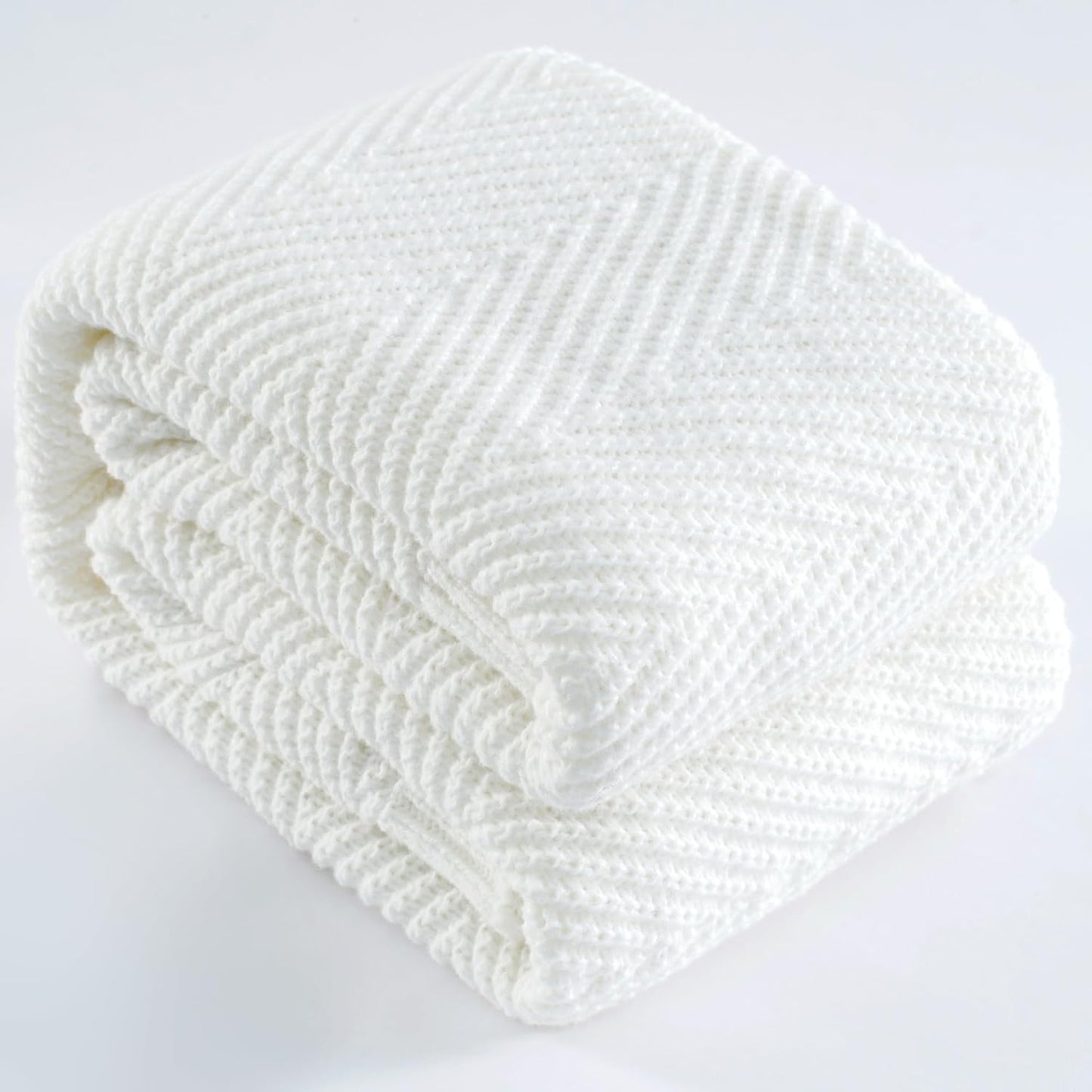 Knitted Throw Blanket 60"X80", White Knit Throws for Bed, Super Soft Boho Chevron Blankets for Couch Sofa Chair Room Decor, Textured Decorative Farmhouse Cozy Lightweight
