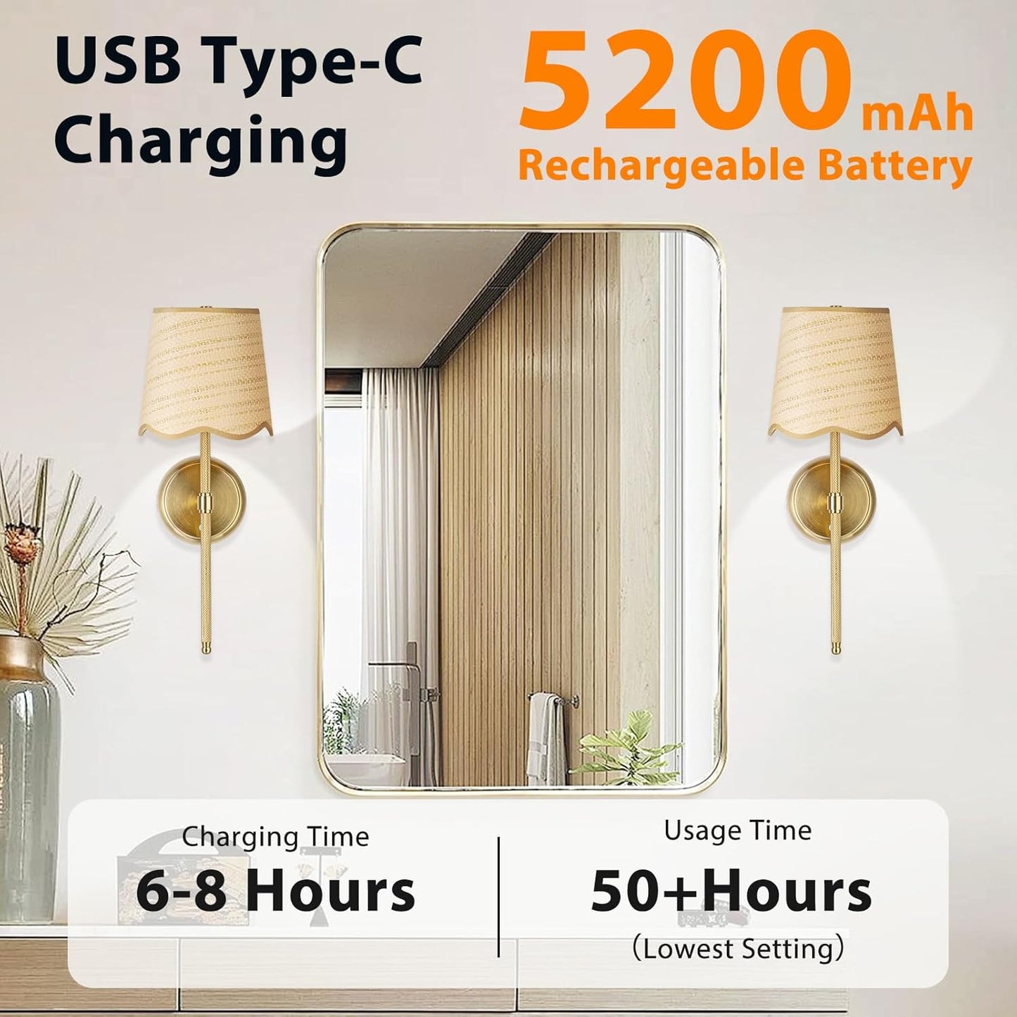 Battery Operated Boho Vintage Wall Sconce Set of 2, Stepless Dimming Rattan Magnetic Wall Lamp, 5200mAh Rechargeable Battery and Integrated LED, for Living Room Bedroom Hallway Corridor
