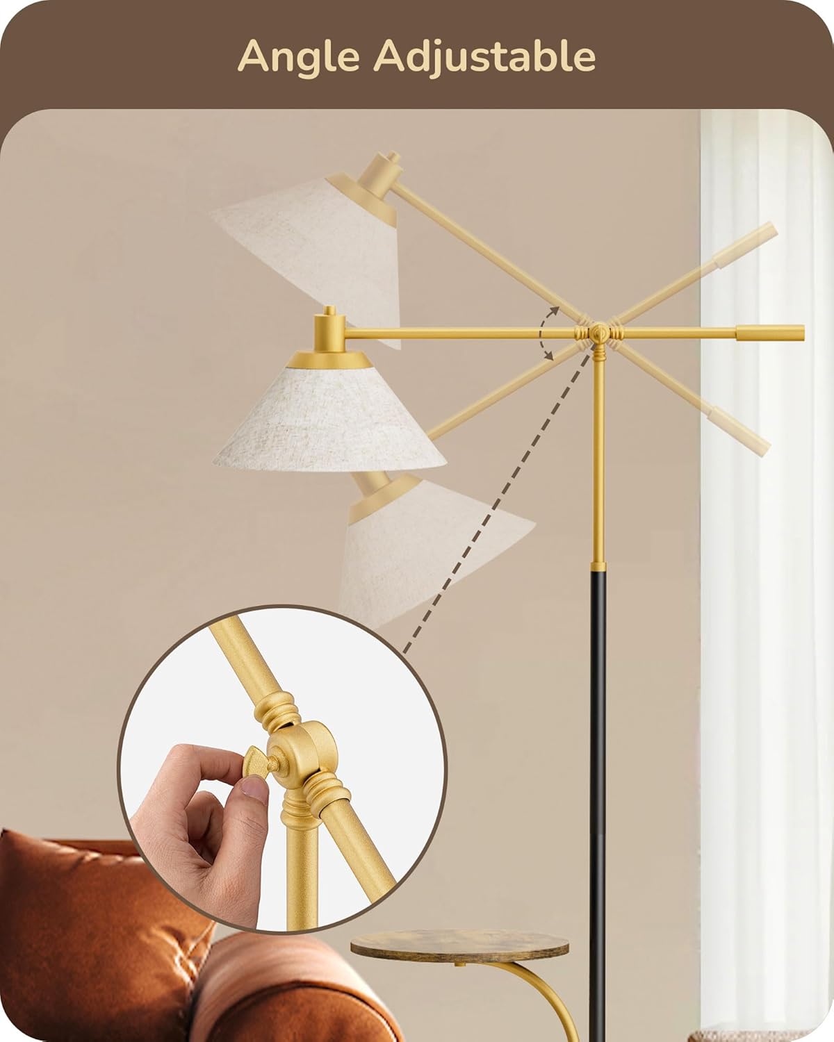 EDISHINE 68" Arc Floor Lamp with Table, Vintage Standing Lamp for Living Room with Tray, Height Adjustable, 5 Color Temperatures LED Bulb Included, Beige Shade, for Bedroom Office, Wood Grain