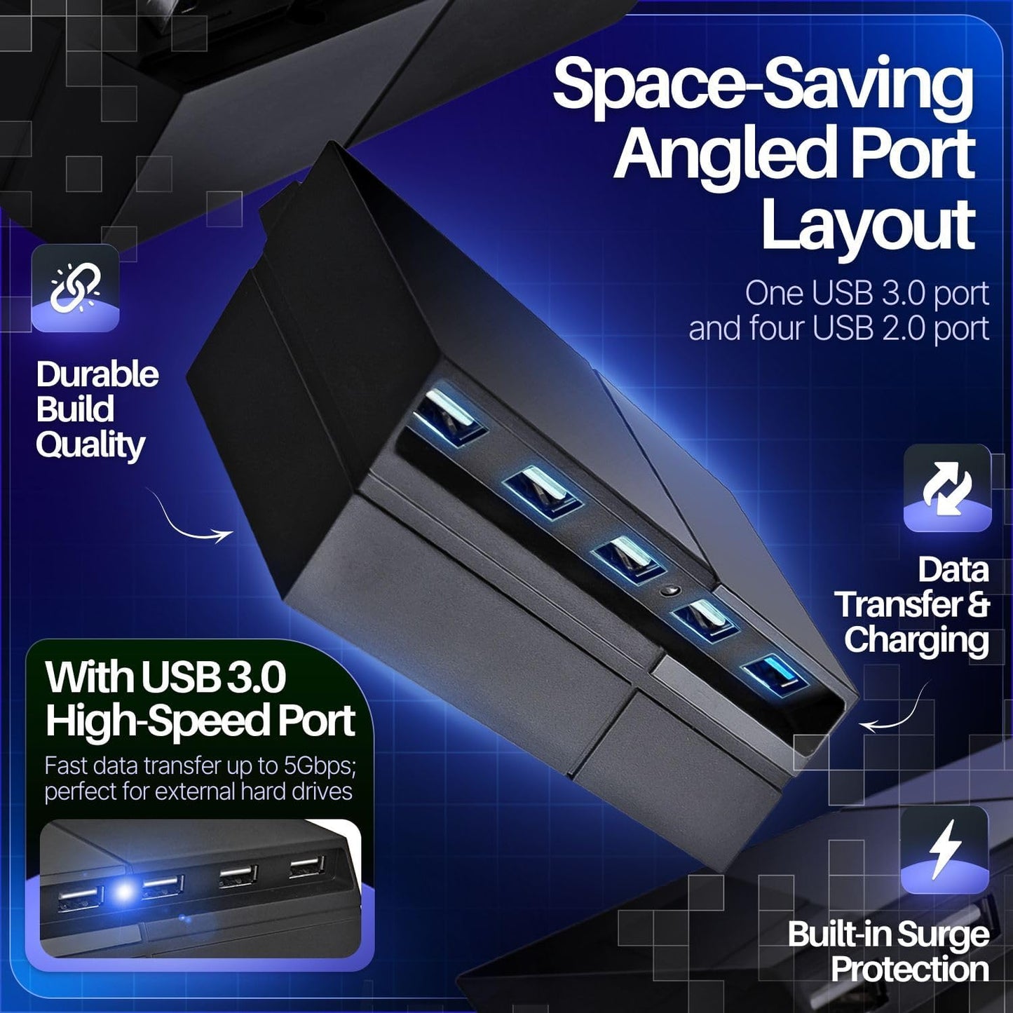 TNP 5 Port USB Hub for PS4 - USB 3.0/2.0 High-Speed Extender Adapter Accessories Expansion Hub Connector Splitter Expander for PlayStation 4 Gaming Console (Not for PS4 Slim, PS4 PRO)