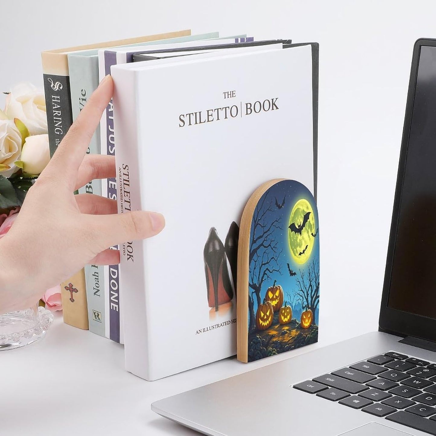 Strange Night Bookends 1 Pair Heavy Duty Book Ends for Shelves Non-Skid Bookend Supports Wooden Book Holders with Metal Base Desk Organizers Books Storage to Hold Books