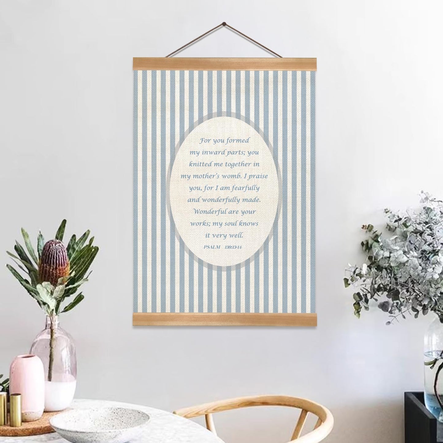 Blue Stripe Christian Wall Art Poster -God Is Within Her Bible Verse Wall Hanging Poster, Christian Inspirational Decor for Bedroom Office, or Faith-Based Gift for Women 12x16inch (Psalm 139:13-14 Blue)