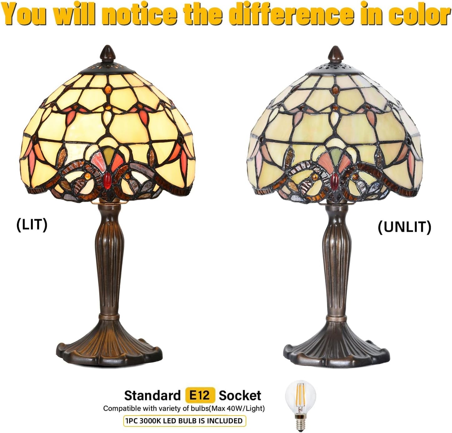 TL0007 Tiffany Lamp Baroque Design Stained Glass Table Lamp 8" D x 14.25" H for Living Room Bedroom Bedside Nightstand Home Office, LED Bulb Included (Beige Baroque)