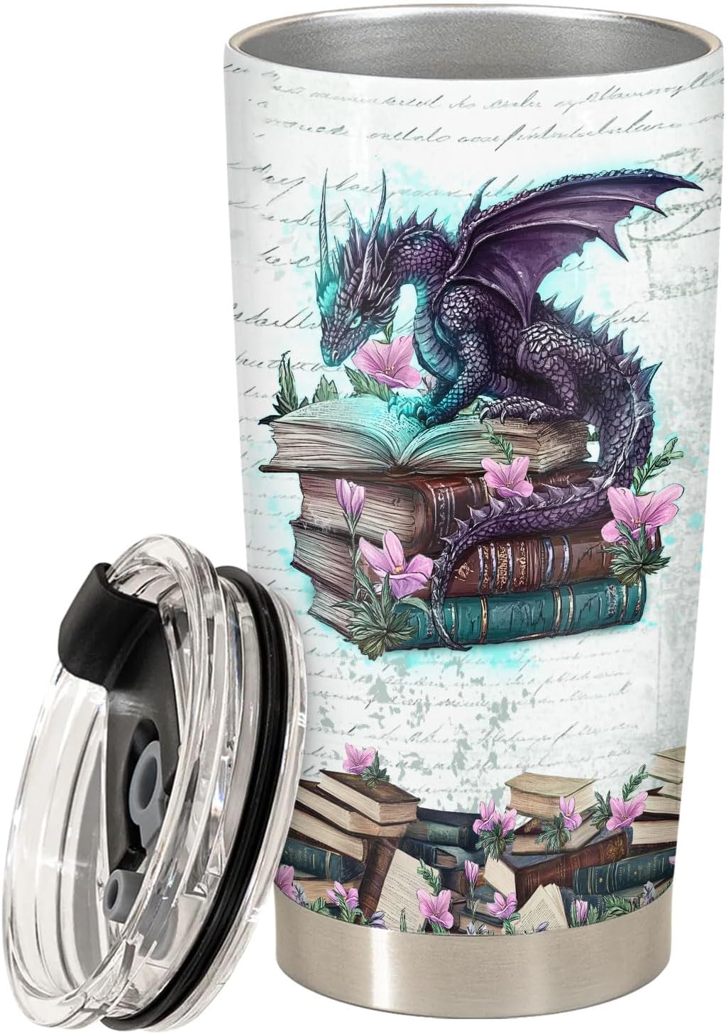 Bookish Dragon Tumbler – It’s Not Hoarding If It’s Books, Fantasy Inspired Stainless Steel Travel Mug with Lid, Bookworm Gift for Men and Women