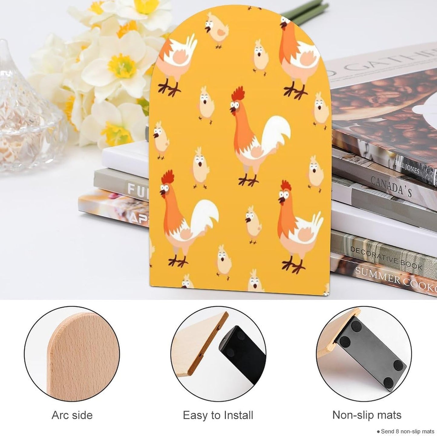 Chicken Chick Wooden Bookend Non-Slip Book Ends Heavy Duty Book Stopper with Metal Base Books Holderd Decorative Bookends Stands Firmly for Office Supplies