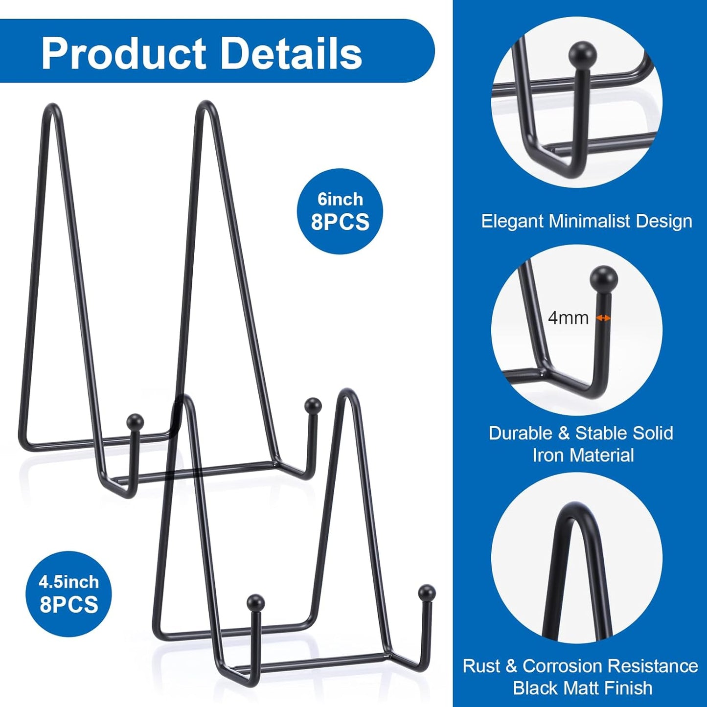 16 Pack Plate Stands for Display, Metal Picture Frame Holders & Easel Stands for Books, Photos, Decorative Plates, and Art - 4" & 6" Sizes, Black (8 of Each)