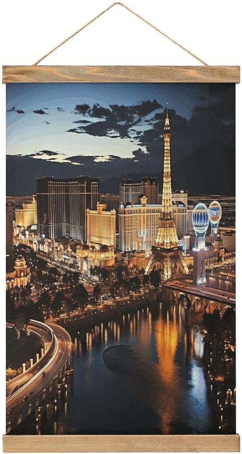 Vintage Las Vegas Night View Poster with Wooden Frame Personalized Linen Hanging Scroll Painting Rustic Wall Hanging Illustrative Modern Artwork Decor for Home Living Room Bedroom Office
