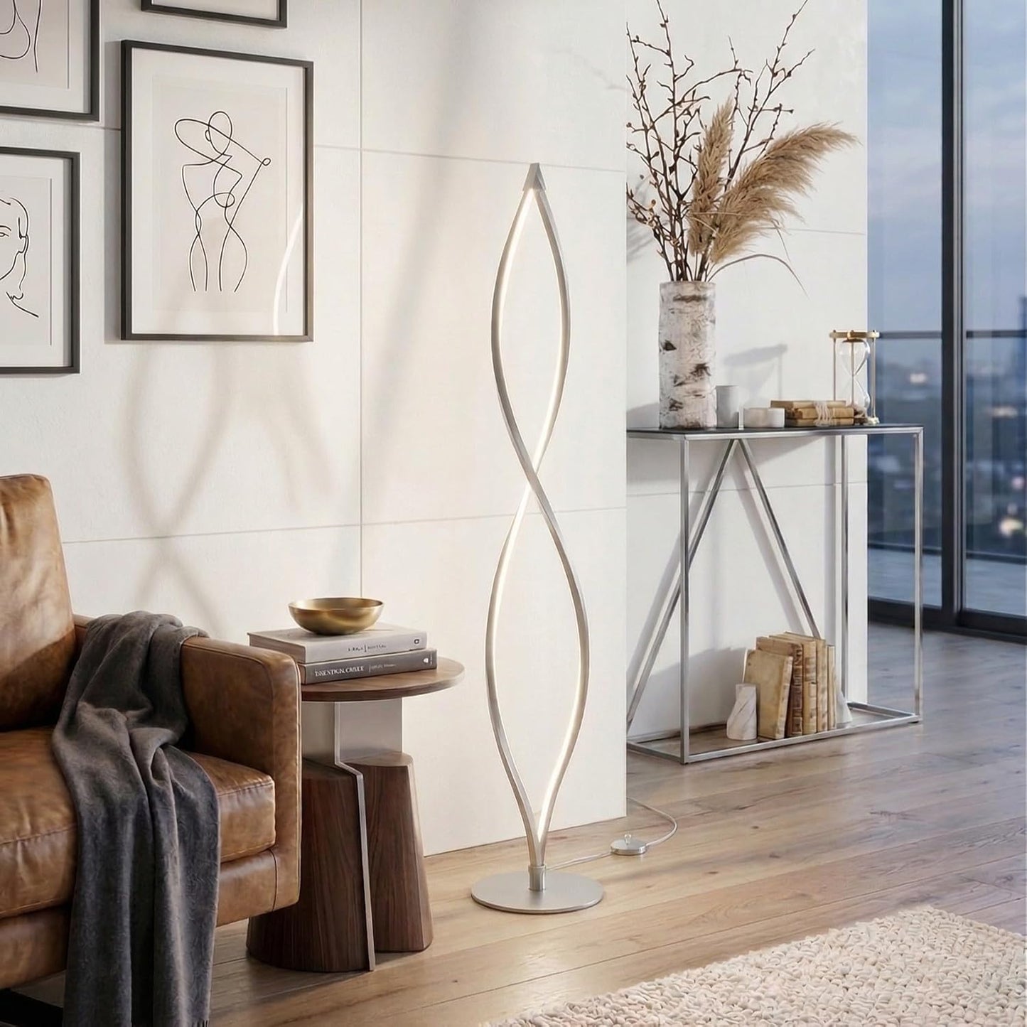 Brightech Twist Floor Lamp, Bright Tall Lamp for Offices, Modern LED Spiral Lamp for Living Rooms, Dimmable Standing Lamp with Sturdy Base for Bedroom Reading, Great Living Room Decor - Silver