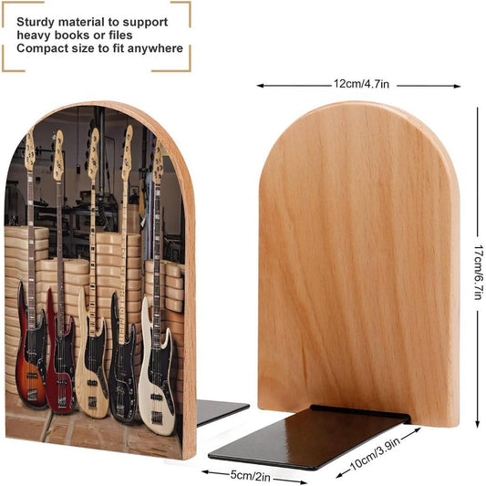 Guitar Bass Music Musical Instruments Wooden Bookend Non-Slip Book Ends Heavy Duty Book Stopper with Metal Base Books Holderd Decorative Bookends Stands Firmly for Office Supplies