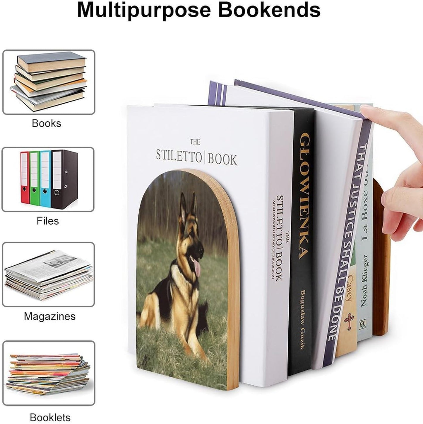 German Shepherd Dog Bookend for Shelves Wooden Book End Large Size Sturdy Book Holders Stoppers with Metal Base for Bookshelves Slick Decorative Bookends Stands