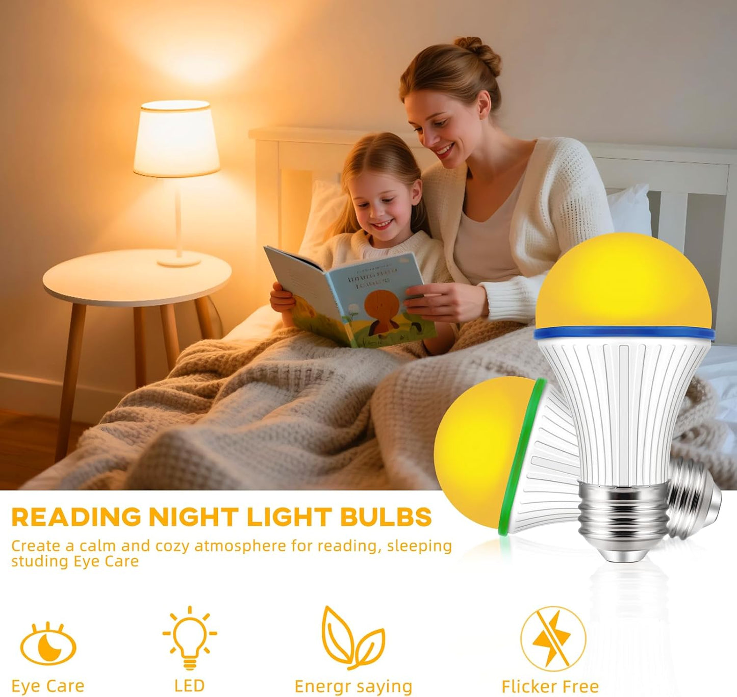 KINUR A15 3W Low Watt Amber Lights - Warm Light Bulbs for Sleep 25W Equivalent - E26 Medium Base -4 Pack